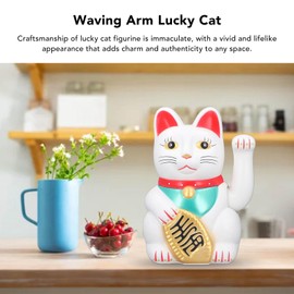 Lucky Cat Waving Arm, 10inch Solar Powered Waving Cat Chinese Cat Ornament, Solar Fortune Cat Statue Decorations for Decorating Front Desk, Car, Business Openings (White)