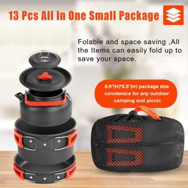 Camping Cookware Mess Kit 13PCS Outdoor Camping Cooking Set Lightweight 2-3 Person Camping Non-Stick Pot and Pan Set with Kettle Camp Cook for Outdoor Backpacking Hiking Picnic Fishing