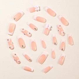 White French Tip Press on Nails Medium Square Fake Nails with Bow Rhinestone Charm Flower Pattern Design Pink Acrylic Glossy False Nails Artificial Summer Full Cover Stick on Nails for Women 24 Pcs