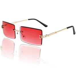 Mriendao Red Sunglasses for Women Men Fashion Retro 90s Rimless Rectangle Tinted Sun Glasses Shades UV400