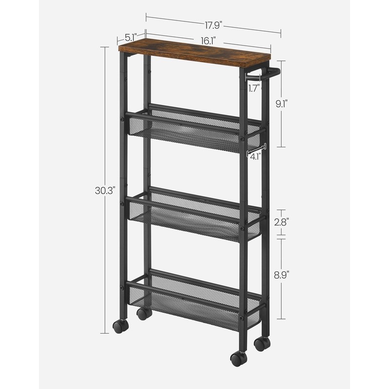 VASAGLE Slim Rolling Cart, 4-Tier Narrow Storage Cart with Handle,
