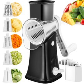 Rotary Cheese Grater, 5 in 1 Rotary Grater, Replaceable Stainless Blades Cheese Shredder, Cheese Slicer, Cheese Grater Hand Crank, Easy to Clean Kitchen Gadgets with Storage Box