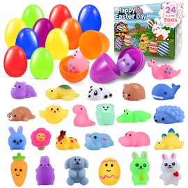 24 PCS Prefilled Easter Eggs with Mochi Squishy Toys, Filled Easter Basket Stuffers Gifts for 3-8 Year Old Kids Toddlers, Eggs Fillers Party Favors Classroom Prize Supplies