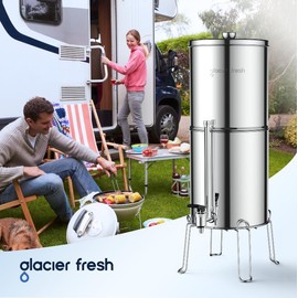 GLACIER FRESH Gravity-fed Water Filter System, 2.25G Stainless-Steel System with 6 Filters, Metal Water Level Spigot, and Stand to Reduce up to 99% Chlorine - Specification: Florine 6-PACK