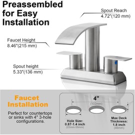 IKEBANA Brushed Nickel Waterfall Bathroom Faucet,2 Handle Stainless Steel 4 inch Bathroom Sink Faucet Modern Waterfall Spout Faucets Lead-Free Faucets with Supply Hoses and Pop-up Drain, IK-ZT2317L