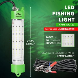 SF LED Underwater Fishing Light 100W Fish Attracting Light 13000lm Green Fishing Light Submersible for Dock and Boats IP68 Waterproof 18ft with only Battery Clips to Provide Power