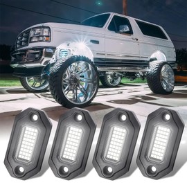 4Pods Metal Bright Pure White LED Rock Lights Kit,Per pod provided 15FT Power Cord,6500K 36LEDs Neon Underglow Light Aluminum Waterproof Fender Lights for Trucks Trailer Jeep Off Road ATV UTV