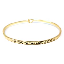 by you Inspirational I Love You to The Moon & Back Message Engraved Thin Cuff Bangle Hook Bracelet (I Love You to The Moon & Back-Gold, Brass)