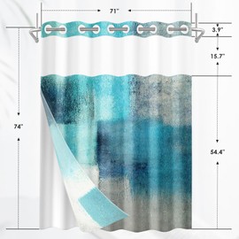Nesphy No Hook Turquoise Grey Painting Shower Curtain with Snap-in Liner, Teal Double Layers Waterproof Fabric with See Through Top Window Open Grommet Bath Curtain 71x74 Inch