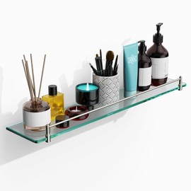 KOCOK 24 Inch Glass Bathroom Shelves,Brushed Nickel Floating Shelves for Wall Rectangular Modern Stainless Steel Glass Shelf for Bathroom Shelves Wall Mounted