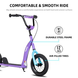JOYSTAR Kick Scooter for Kids 5+ Teens & Youth, Lightweight Kids Scooter with Adjustable Handlebar, 2 Wheel Scooter for Boys & Girls, 12" Inflatable Wheels Rear Drum Brakes, Purple