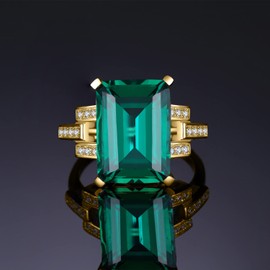 JewelryPalace Emerald Cut 6ct Simulated Emerald Solitaire Cocktail Rings for Women, Green Gemstone 925 Sterling Silver 14k Yellow Gold Plated Ring, Gemstone Ring for Girls Jewellery Set T