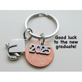 2025 Charm Layered Over 2025 Penny Keychain, with Cap and Diploma Charm, Graduate Gift