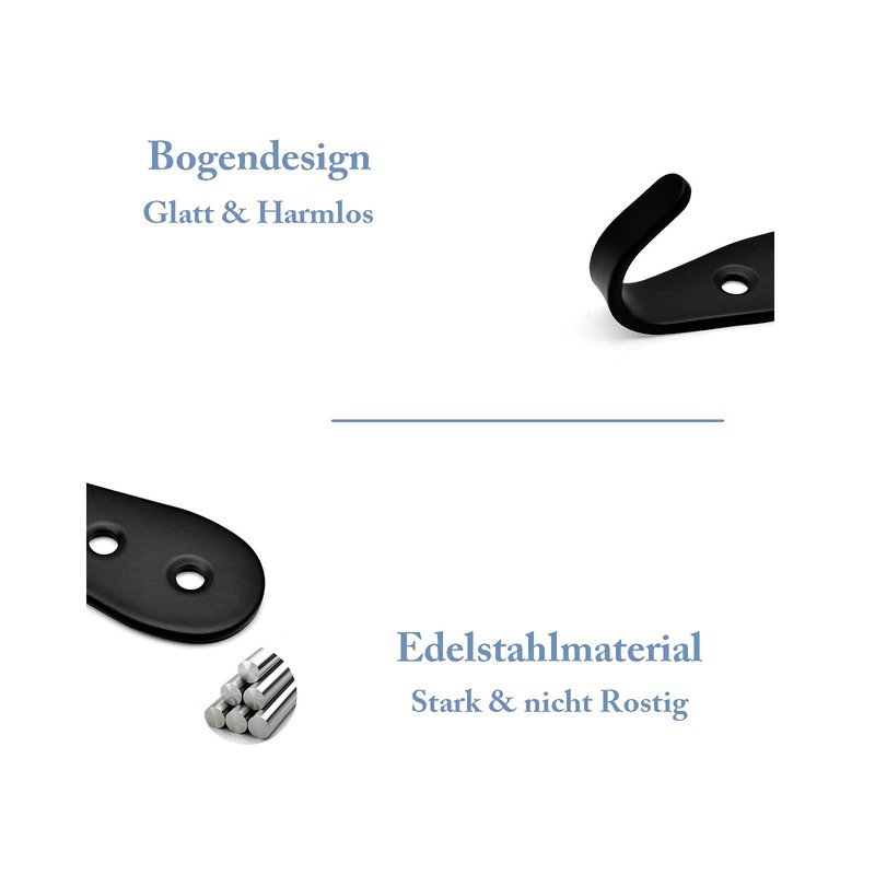 Mokife Pack of 8 Coat Hooks Black Matt Stainless Steel