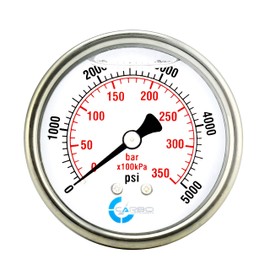 CARBO Instruments 2" Pressure Gauge, Stainless Steel Case, Chrome Plated Brass Connection, Liquid Filled, 0-5000 psi/kPa, Back Mount 1/4" NPT