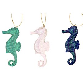 Assorted Color Glittery Seahorse Hanging Resin Christmas Tree Ornament, Set of 3, 4 1/4 Inch