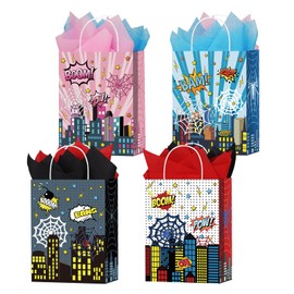Wrapping Bag 16 Pcs Spider Party Favor Bags with 20 Sheets Tissue Paper, Spider Web Theme Patterns Gift Bags with Handles, Kraft Goodie Candy Treat Bag for Happy Birthday Baby Shower Supplies Decoration