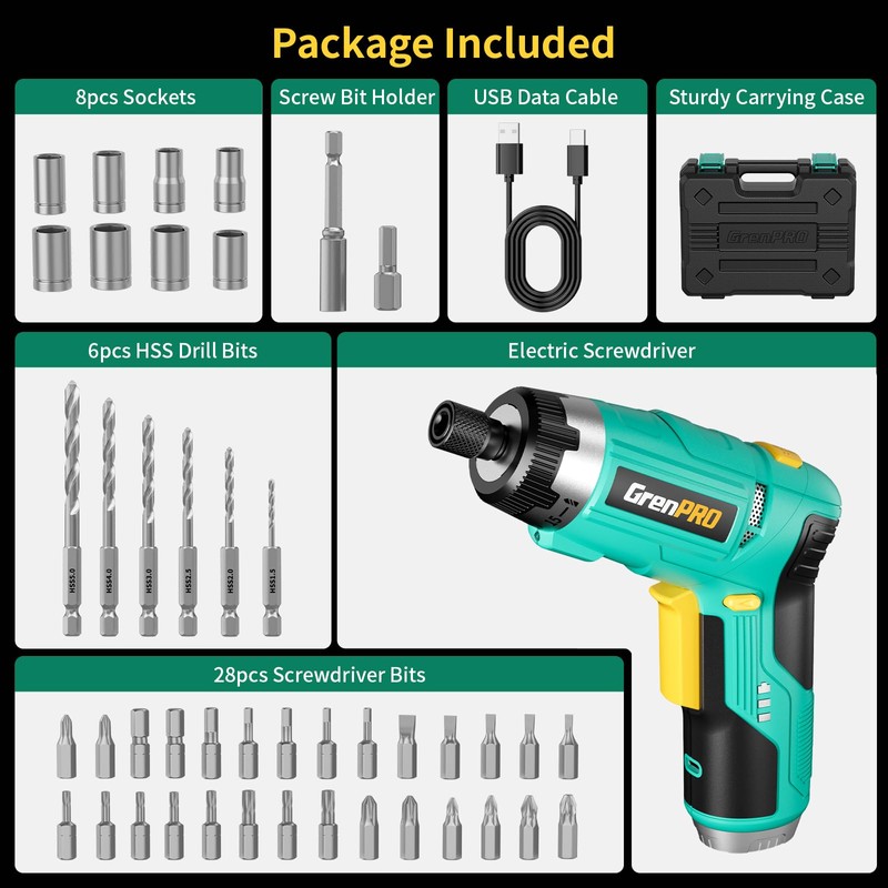 GRENPRO Electric Screwdriver Set Rechargeable, 3.6V Cordless Screwdriver Kit with