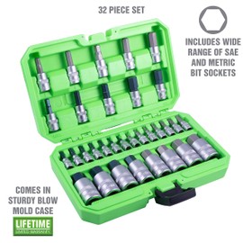 OEMTOOLS 22989 32 Piece Hex Bit Socket Set, SAE and Metric Bit Sockets, 1/2", 1/4", and 3/8" Drive Hex Bit Socket Set Metric and SAE Included