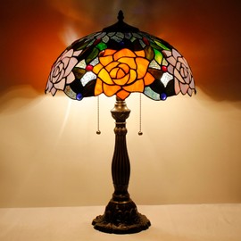 AVIVADIRECT Tiffany Table Lamp Stained Glass Orange Red Rose Flower Style Antique Desk Reading Light 16X16X24 Inches Decor for Bedroom Living Room Home Office