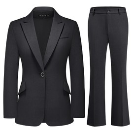 TRONSTORE Women's Suit 2 Piece Set Pinstripe Blazer and Bootcut Dressy Pants Set for Work Office Business Outfits-Black L