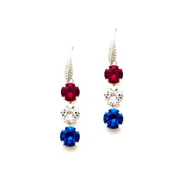 Austrian Crystal Patriotic Triple Stone Dangle Earrings, Red White and Blue, Independence Day, July 4th Holiday Jewelry, Assorted Finishes