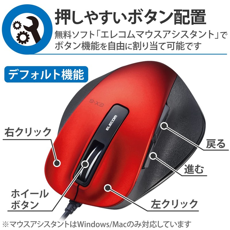 エレコム マウス 有線 Sサイズ 小型 5ボタン (戻る・進むボタン搭載) BlueLED 握りの極み レッド
