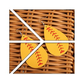 PJWONG Cute Asymmetric Big 3D Baseball Teardrop Drop Faux Leather Earrings Softball Stretch Beaded Bracelet Sport Jewelry Set for Women (Yellow-Baseball Set A)