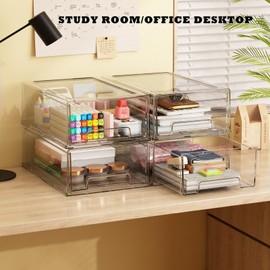 2 Pack Plastic Drawer Storage, Clear Stackable Storage Drawers Large Storage Bins with Drawers, Acrylic Drawer Organizer for Office Supplies, Desktop, Craft, Pantry, Shelves, Bathroom, Under Sink