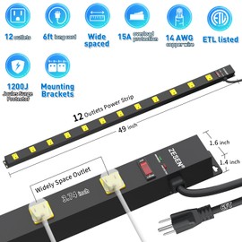 ZESEN 12 Outlet Long Power Strip with 6FT Power Cord, Industrial Heavy Duty for Work Bench Shop Garage, 2100 Joules Surge Protector, Wide Spaced Outlet Power Bar, ETL Certified, Black