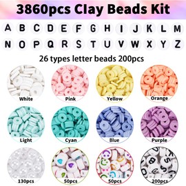 DIYDEC 3860pcs Clay Beads Bracelet Making Kit 8 Pastel Colors Polymer Heishi Beads for Girls Adult Flat Beads Letter Beads and Pearl for DIY Friendship Bracelet