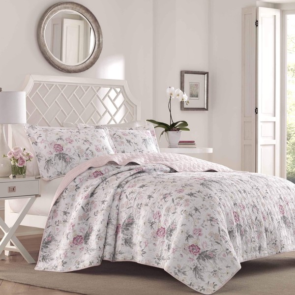 Laura Ashley Home | Breezy Floral Collection | Luxury Premium Ultra Soft Quilt Coverlet, Comfortable 3 Piece Bedding Set, All Season Stylish Bedspread, Full/Queen, Pink and Grey