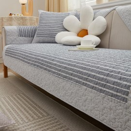 Huierxun Farmhouse Grey Stripe Sofa Cover Cotton Quilted Sectional Couch Covers Soft Non Slip Sofa Slipcover Washable Furniture Protector for Living Room (Grey,28"x70")