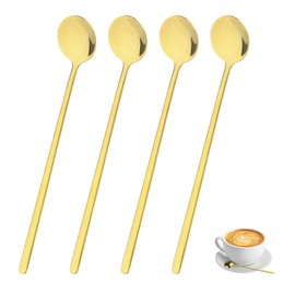 4 PCS 6.7 Inch Gold Plated Stainless Steel Espresso Spoons Tea Spoons Long Handle Stirring Spoons Long Spoons for Stirring Coffee Tea Drinks Mixing Milkshakes Cocktail