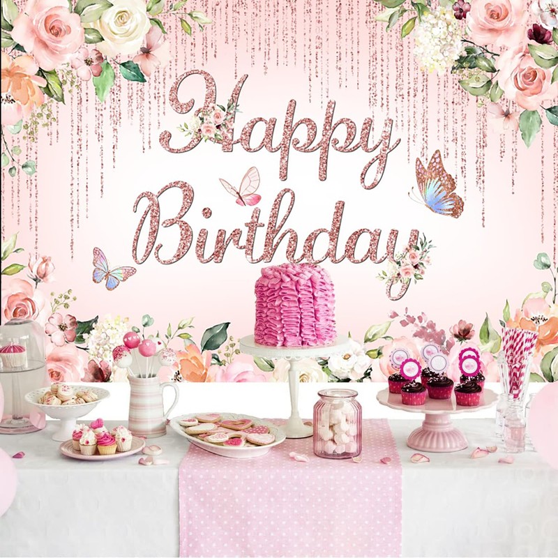 2.4 x 1.8 m Photo Background Birthday Rose Gold Floral