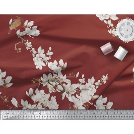 Soimoi Red Cotton Poplin Fabric White Floral & Bulbul Bird Print Fabric by Yard 58 Inch Wide