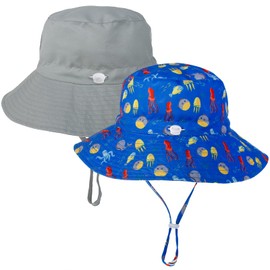 LO SHOKIM Baby Sun Hat 2 Pack Toddler UPF 50+ Summer Sun Protection Wide Brim Bucket Hat Baby Girl Beach Hat Boy Kids Adjustable Cap Summer (Grey + Octopus, S)