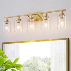 HCCZ 5 Light Gold Bathroom Light Fixtures Brushed Brass Vanity Light Over Mirror Modern Wall Lighting Sconces Wall Lamp for Bathroom, Bedroom, Living Room E26 Socket with Glass Shade