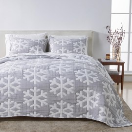 Matelassé Coverlet with Pillow Shams for Twin Size Beds - Lightweight Bedspread, Winter-Themed Bedding Set - Snowflake Muslin Blanket (Twin/Twin XL, Grey/White)