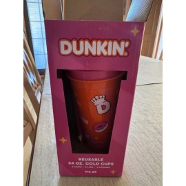 Dunkin' Donuts Box Of 4 Dunkin DunKings Dunqueens S reusable Mugs Straws Lids