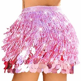 Unicra Gold Sequin Skirt Sparkly Fringe Skirt Glitter Belly Dance Hip Scarf for Women, Pink, One Size Short