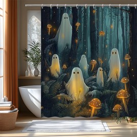 Spooky Ghost Mushroom Shower Curtain Grey Foggy Forest Cute Halloween Fantasy Nature Jungle Gothic Funny Holiday Polyester Bathroom Curtains Set with Hooks 70"x70"