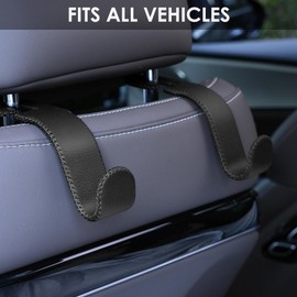 AMVOYOA Leather Car Seat Hooks - U-Shaped Purse Holder for Car, Fully Leather-Wrapped Headrest Hooks for Purses, Bags & Coats, Durable Seat Back Organizer for Travel & Daily Use (Black, 2 Pack)