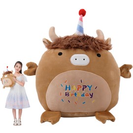 12 Inch Happy Birthday Highland Cow Plush Hugging Pillow - Cute Animal Plushies Toys - Brown Fluffy Scottish Cow Stuffed Animals Gift for Kids and Lovers