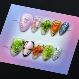 100% Handmade Press on Nails Medium Almond Handmade Nails with Orange Flower Charm Design Green False Nails Rhinestone Pearl Nail Press ons Reusable Acrylic Fake Nails for Women Girls Size L 10Pcs