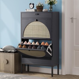 Brafab Shoe Cabinet, Shoe Rack Storage Organizer with 2 Flip Drawers, Natural Rattan Weave Shoe Storage Cabinet for Sneakers, Slippers (Black)…