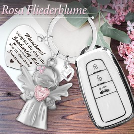 Fugoviin Guardian Angel Lucky Charm Keyring with Gemstones and Lilac Flowers, pink