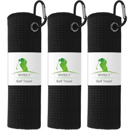 VIVIDLY 3 Pack Golf Towels (16" X 16"), Microfiber Waffle Pattern Golf Towel with Carabiner Clip, Suitable for Men's Golf Gifts (Black)