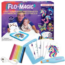 Flo-Magic Enchanted Airbrush Marker Stencil Art Set | Washable Non-Toxic Rechargeable Craft Kit | Unicorn Mermaid Dolphin Flowers Butterfly; for Kids Age 5 6 7 8 9 10