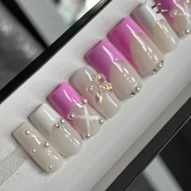 Handmade 🤍 CUSTOM Hard Gel Press On Nails, Bow Pink Nude   BLING 10p FULL SET W Kit